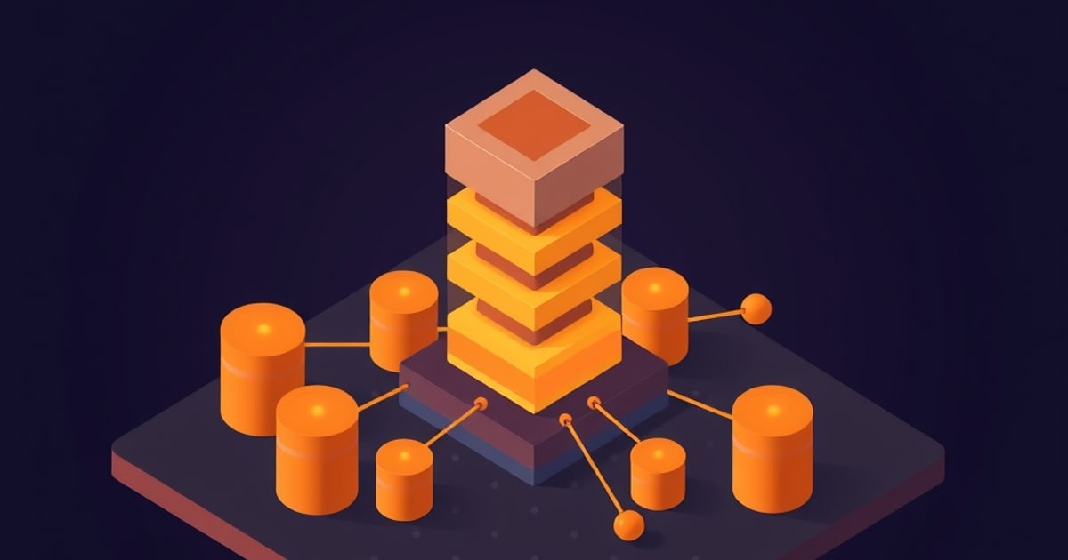Flat isometric illustration of a stacked orange tiered tower on a dark pad, ringed by orange cylinders connected by thin lines.