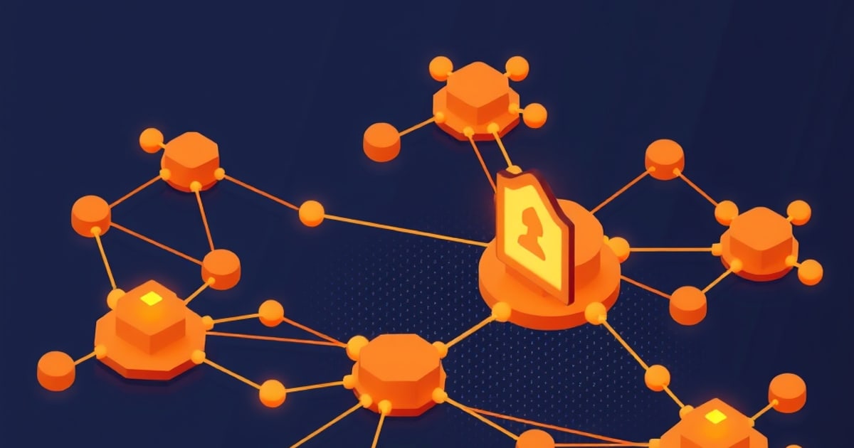 Flat isometric illustration of an orange agent network of linked hexagon nodes with a padlocked gateway at its heart.