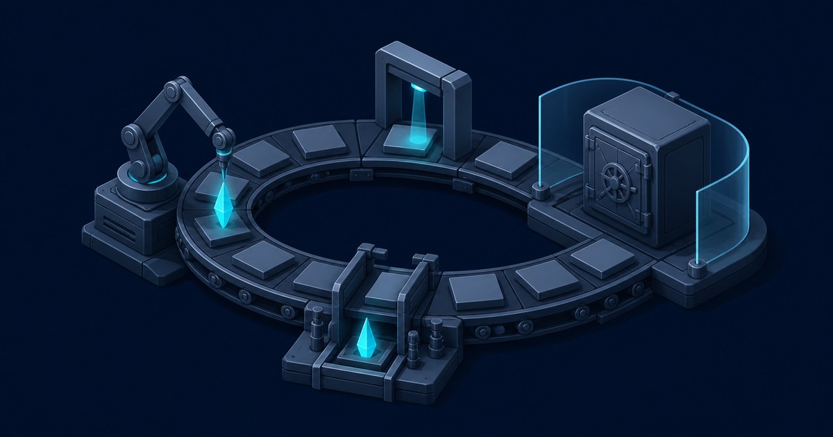 Isometric dark blue loop conveyor carrying blank tiles past a robotic arm, scanning gates and a vault behind a glass shield